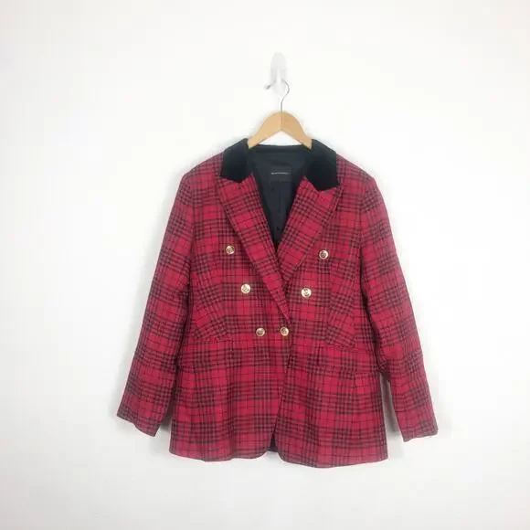 Banana Republic Red Plaid Captains Blazer Size 12/ Large Wool Sculptured Preppy
